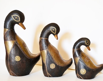 wood ducks and brass, rustic decor, hand-carved, Home Decor, three ducks, brass ornaments, decorative ducks, decoration ducks wood, vintage