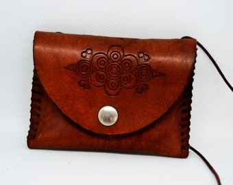 Leather purse, vintage purse, coin purse necklace, brown leather, engraved leather, neck purse, handmade purse, travel purse, mini neck bag