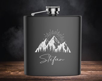 Stainless steel flask in matte black with engraving of the name and motif Mountain