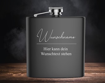 Stainless steel hip flask matt black with engraving of the name and text of your choice