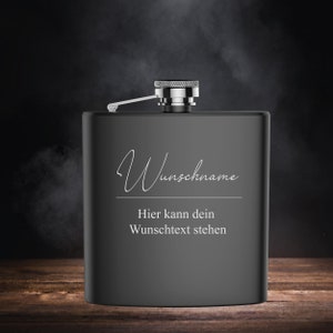 Stainless steel hip flask matt black with engraving of the name and text of your choice image 1