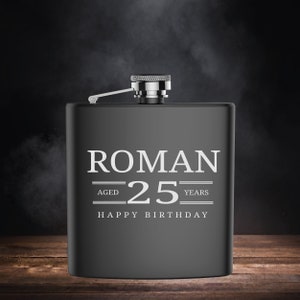 Stainless steel hip flask matt black with engraving | Happy Birthday motif