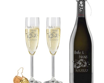 2 Leonardo Sektgläser mit 1 Flasche Prosecco und Gravur "Ringe" Sekt-Glas graviert Hochzeit Geschenkidee Sektglas-Set personalisiert