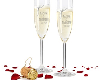 2 verres à champagne gravés Leonardo pour le mariage avec les noms gravés "Oui" et la date des mariés, cadeau de mariage personnalisé