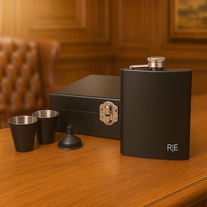 Personalized hip flask with engraved initials in a black gift set