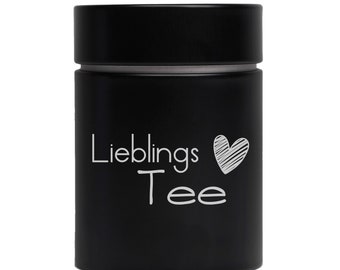 Teedose schwarz mit Gravur Lieblings-Tee Motiv 03 Kaffeedose Gewürzdose zur Aufbewahrung Vorrats-Dose mit Deckel 11x7,5cm