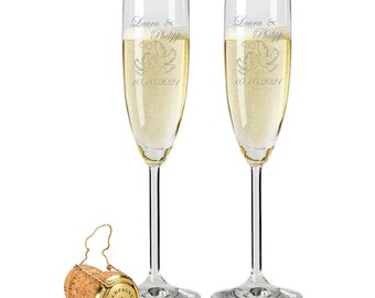 2 Leonardo wedding champagne glasses with engraving in the "doves" motif, engraved names and date of the bride and groom, personalized gift