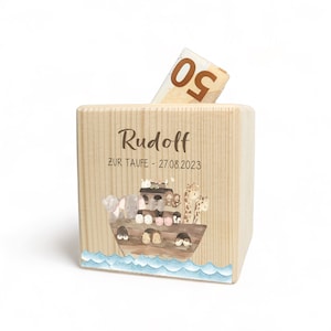 Money box personalized for baptism made of wood with name printed in color, ideal as a gift for boys and girls