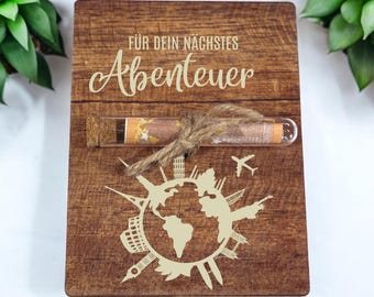 Fondo de viaje en forma de regalo en efectivo | para tu cumpleaños | Viajes | Feliz Cumpleaños | Tarjeta de felicitación | embalaje de dinero