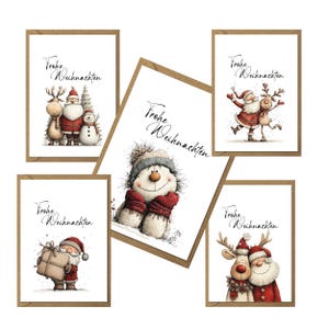 Könnte beinhalten: Eine Sammlung von Weihnachtskarten mit Aquarellillustrationen. Jede Karte zeigt eine andere festliche Szene mit Weihnachtsmann, Rentieren und Schneemännern. Der Satz "Frohe Weihnachten" ist auf jeder Karte geschrieben.