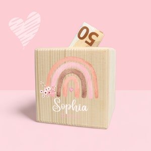 Money box motif flowers rainbow, money box child, money box personalized, money box wood, money box baptism, personalized money box gift