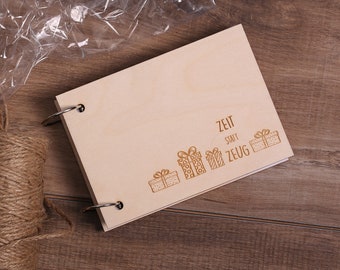 Wooden cover voucher book - time instead of stuff - with 40 vouchers for self-designed voucher booklet gift idea