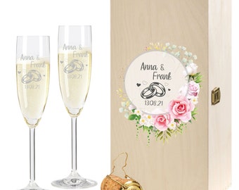 2 Leonardo Sektgläser in Geschenkbox mit Gravur des Namens zur Hochzeit Motiv Rose Ringe Sekt-Glas graviert Geschenkidee