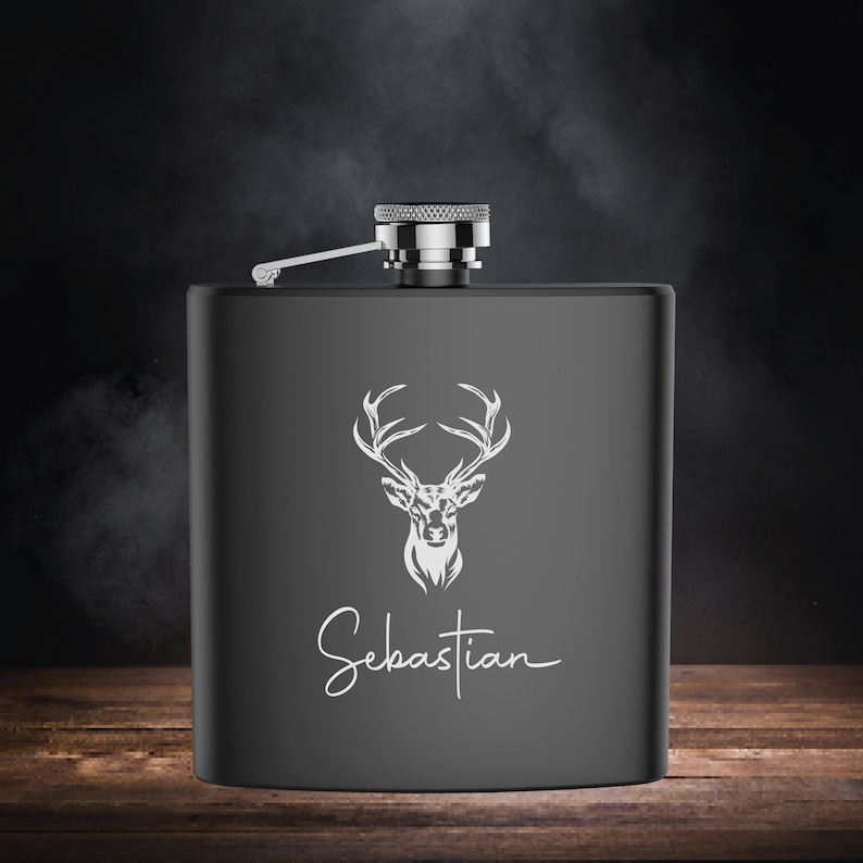 Flask personalized matt black with engraving of name and deer motif image 1