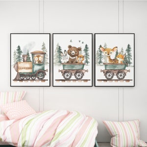 Poster Kinderzimmer Animal Train im 3er Set | Kinderzimmer Deko | Junge Mädchen Geschenk zur Geburt/Taufe | Tiere Bilder Kinder Babyzimmer