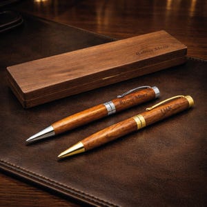 May include: Two wooden pens with silver and gold accents, resting on a brown leather surface. A wooden pen case is in the background. The pens are engraved with names. The pen tips are silver and gold.