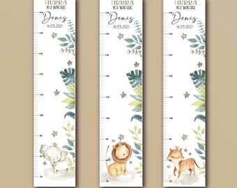 Children's measuring stick personalized with name made of wood or composite board for children's rooms with a jungle motif