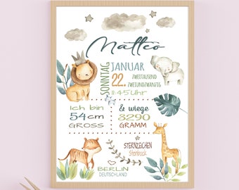 TABLE DE NAISSANCE Jungle | Affiche des dates de naissance | Affiche de naissance | Faire-part de naissance | image de naissance | cadeau de naissance personnalisé