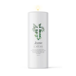 Baptism Candle Boy Girl Motif Eucalyptus Cross printed with Name, Date Baptism Saying