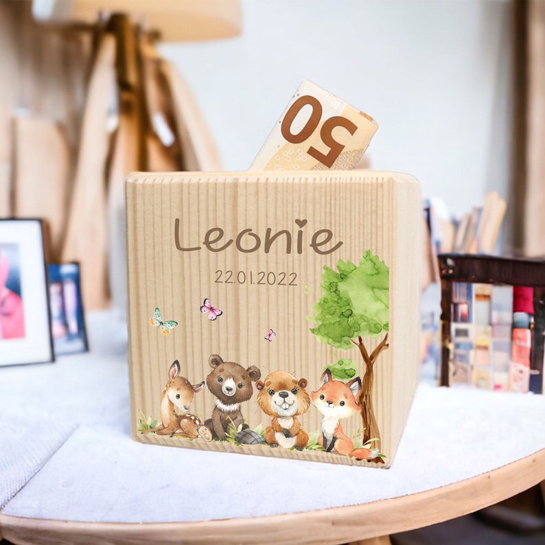 Personalized wooden money box FRIENDS Printed in color with name, ideal as a gift, birthday, Christmas, school, piggy bank image 2