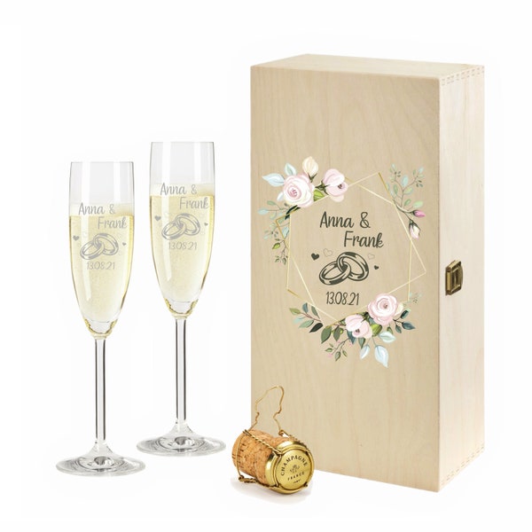 2 Leonardo Sektgläser in Geschenkbox mit Gravur des Namens zur Hochzeit Motiv Lovers Ringe Sekt-Glas graviert Geschenkidee