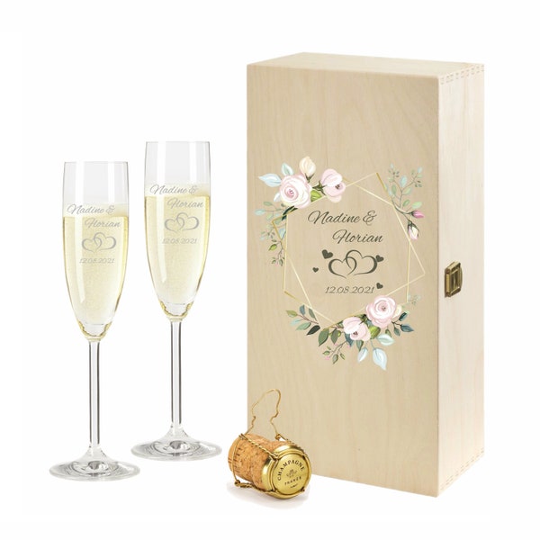 2 copas de champán Leonardo en caja de regalo con nombre grabado para el motivo de la boda Pareja de enamorados copa de champán idea de regalo grabada