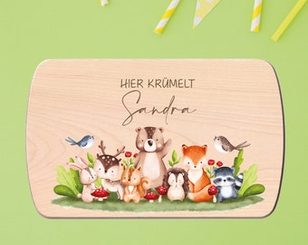 Frühstücksbrettchen Kinder, WALDTIERE, Baby Geschenk, Brettchen personalisiert, Geburtstagsgeschenk, Holzbrett mit Gravur, Frühstücksbrett