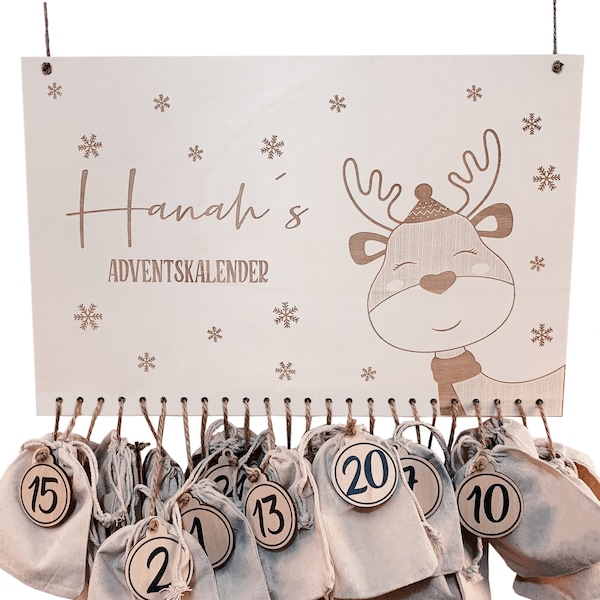 Personalisierter Adventskalender mit Name, Weihnachten, Adventskalender aus Holz, Advent, Jutesäckchen, Adventskalender zum befüllen, Kinder