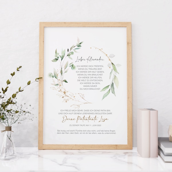 PATENBRIEF Eukalyptus Gold personalisiert als Geschenk zur Taufe, Paten, Patentante, Patenonkel, Poster, Patenkind, Taufbrief,