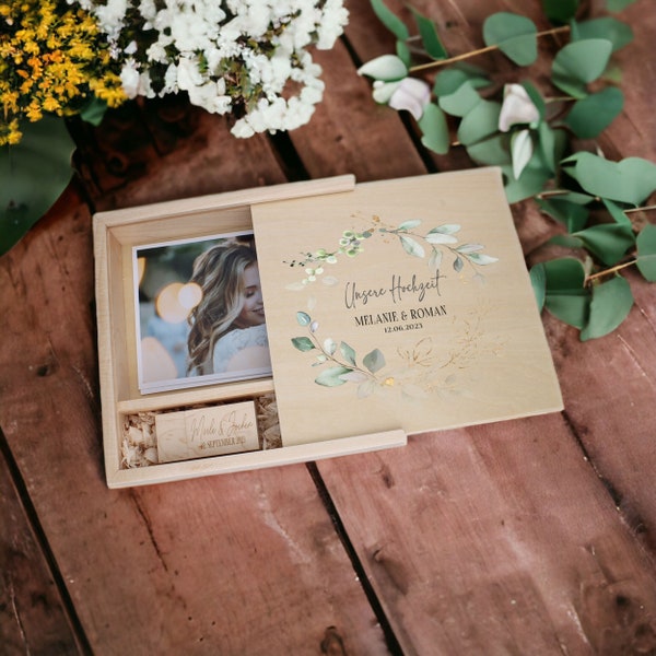 Boîte à souvenirs personnalisée - boîte photo eucalyptus comme cadeau pour un mariage, des fiançailles, une célébration