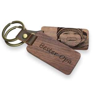 Photo keychain personalized from walnut wood with laser engraving, great gift idea with style for Christmas