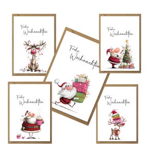 May include: A set of Christmas cards with brown frames. Each card displays a festive illustration of Santa Claus, reindeer, or a Christmas tree, accompanied by the German phrase "Frohe Weihnachten" in stylish script.