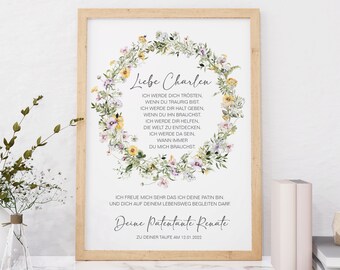 LIST DO RODZICÓW CHRZESTNYCH Wianek kwiatowy personalizowany jako prezent na chrzest, rodziców chrzestnych, matkę chrzestną, ojca chrzestnego, plakat, chrześniaka, list do chrztu