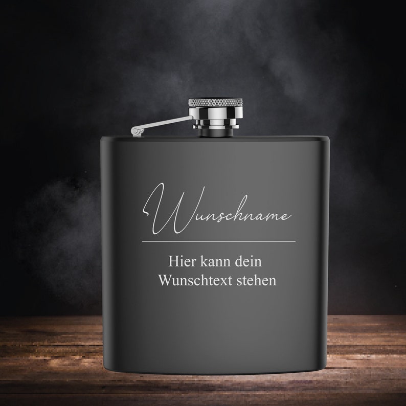 Stainless steel hip flask matt black with engraving of the name and text of your choice image 1