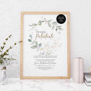 PATENBRIEF Eucalyptus wreath personalized as a gift for baptism, godparents, godmother, godfather, poster, godchild, baptismal letter