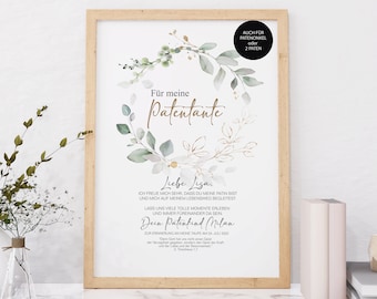 PATENBRIEF Eukalyptus Kranz personalisiert als Geschenk zur Taufe, Paten, Patentante, Patenonkel, Poster, Patenkind, Taufbrief