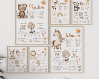 BOHO ANIMAL BIRTH PLAQUE | Birth Data Poster | Birth Poster | Birth Announcement | Birth Picture | Personalized Gift for Birth or Christening