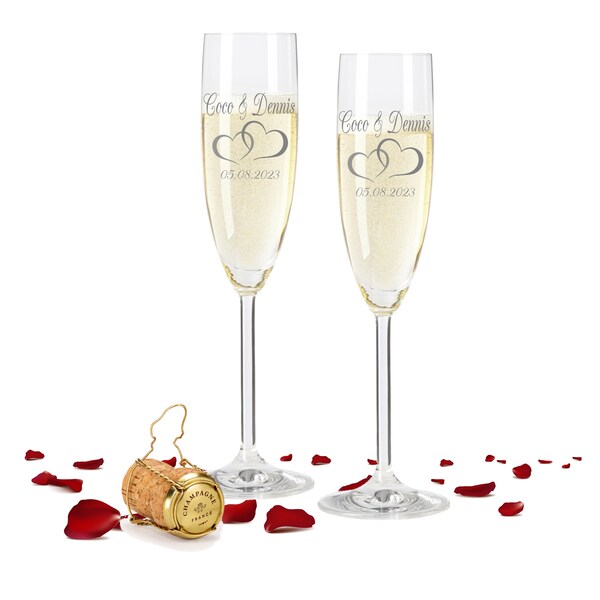 Verres à champagne de mariage avec gravure, avec noms et date des mariés dans le motif "Couple". Verres de Leonardo, idée cadeau ou pour décoration