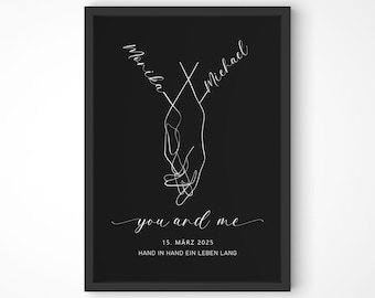 Personalized wedding gift – with names & date, gift for couples hand-in-hand poster bride and groom, wedding anniversary bride and groom picture