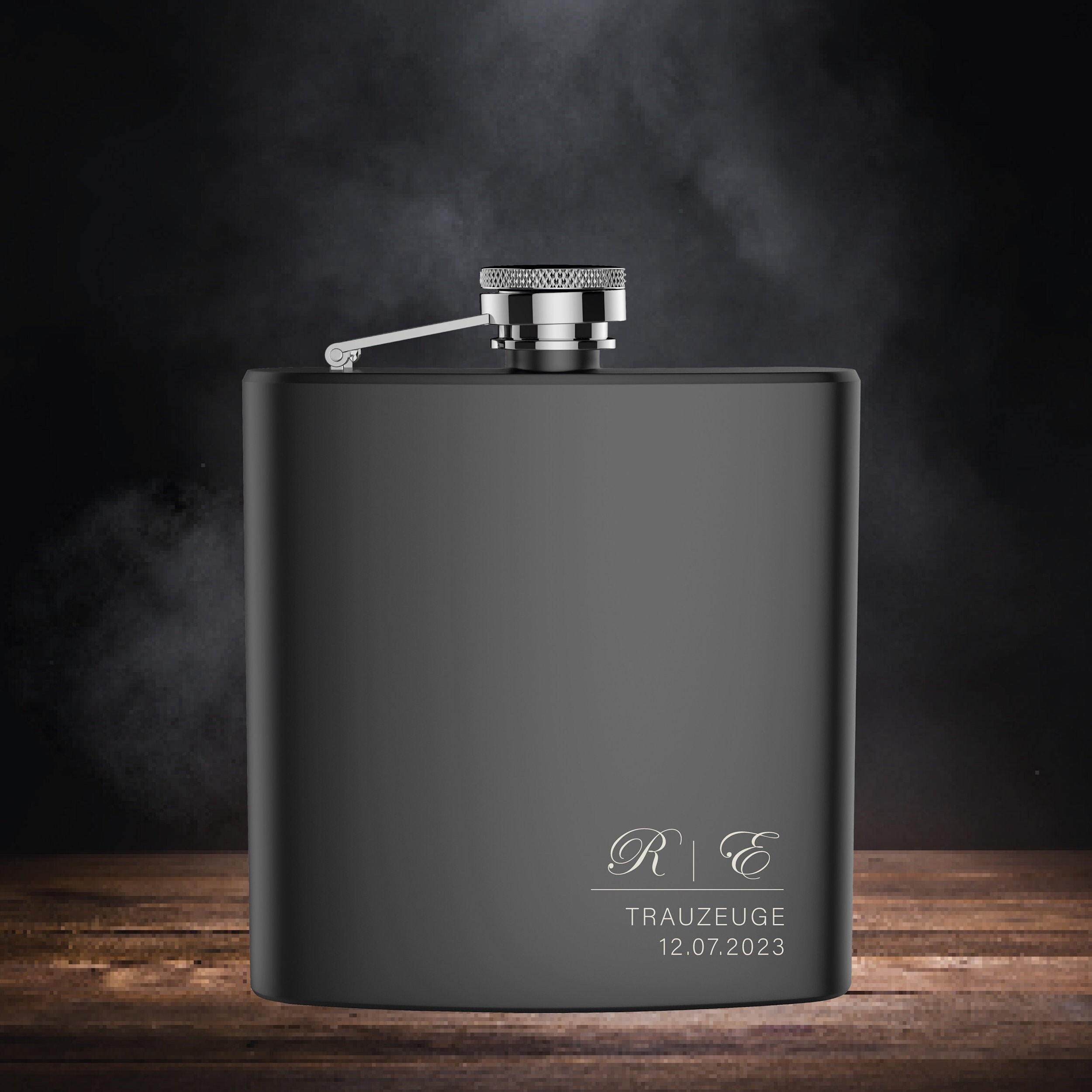 Fiaschetta in acciaio inox con incisione laser personalizzabile, ideale come regalo di compleanno, matrimonio, anniversario, colore nero