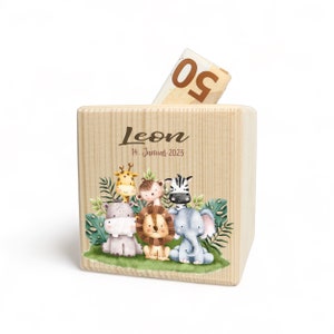 Personalisierte Spardose aus Holz SAFARI mit Name farbig bedruckt ideal als Geschenk Geburtstag Weihnachten Einschulung Sparschwein Bild 1