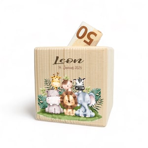 Hucha de madera personalizada | SAFARI | con nombre impreso a color ideal como regalo cumpleaños navidad matricula escolar alcancía