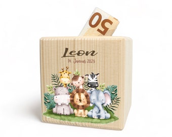 Personalisierte Spardose aus Holz | SAFARI | mit Name farbig bedruckt ideal als Geschenk Geburtstag Weihnachten Einschulung Sparschwein