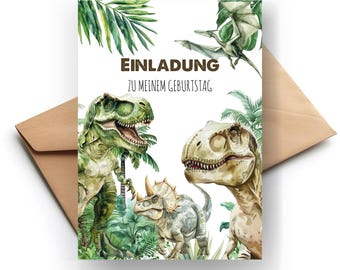 Pode incluir: Um cartão branco com uma ilustração de dinossauro verde, marrom e branco. O cartão diz "Einladung zu meinem Geburtstag", que se traduz como "Convite para o meu aniversário".