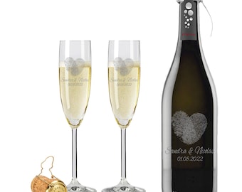 2 Leonardo Sektgläser mit 1 Flasche Prosecco und Gravur "Fingerprints" Sekt-Glas graviert Hochzeit Geschenkidee Sektglas-Set personalisiert