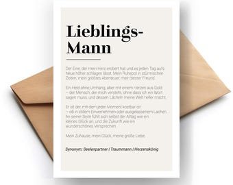 Definition card favorite man, folding card with envelope, gift for friend and partner for Valentine's Day, birthday or anniversary