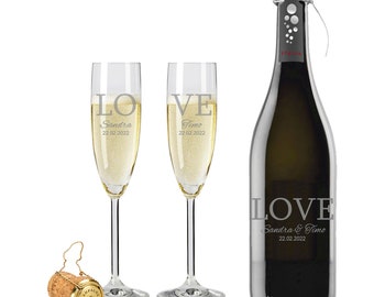 2 Leonardo Sektgläser mit 1 Flasche Prosecco und Gravur "Love" Sekt-Glas graviert Hochzeit Geschenkidee Sektglas-Set personalisiert