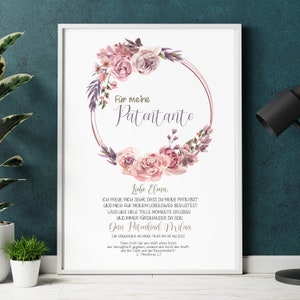 PATENBRIEF Rose Dream personalized as a gift for baptism, godparents, godmother, godfather, poster, godchild, baptismal letter