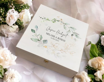 Erinnerungskiste Geschenkbox zur Hochzeit personalisiert mit Eukalyptus Gold - Holzkiste für Hochzeitsfotos - ein tolles Hochzeitsgeschenk