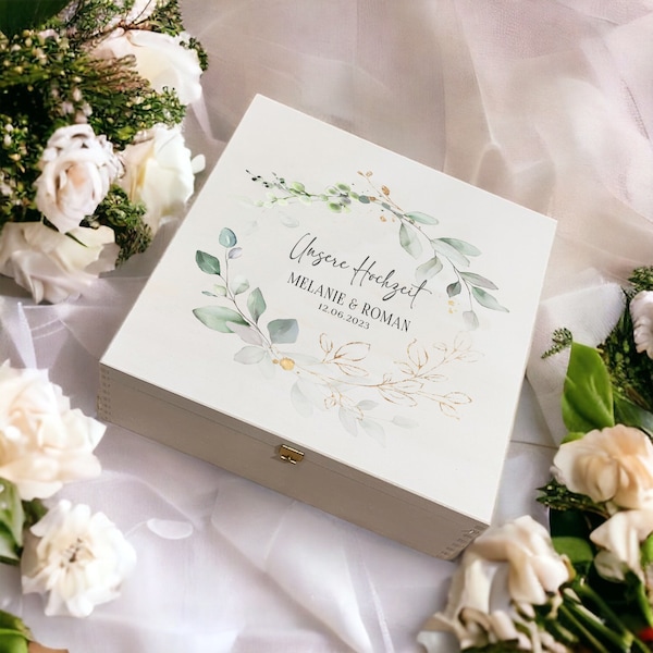 Erinnerungskiste Geschenkbox zur Hochzeit personalisiert mit Eukalyptus Gold - Holzkiste für Hochzeitsfotos - ein tolles Hochzeitsgeschenk